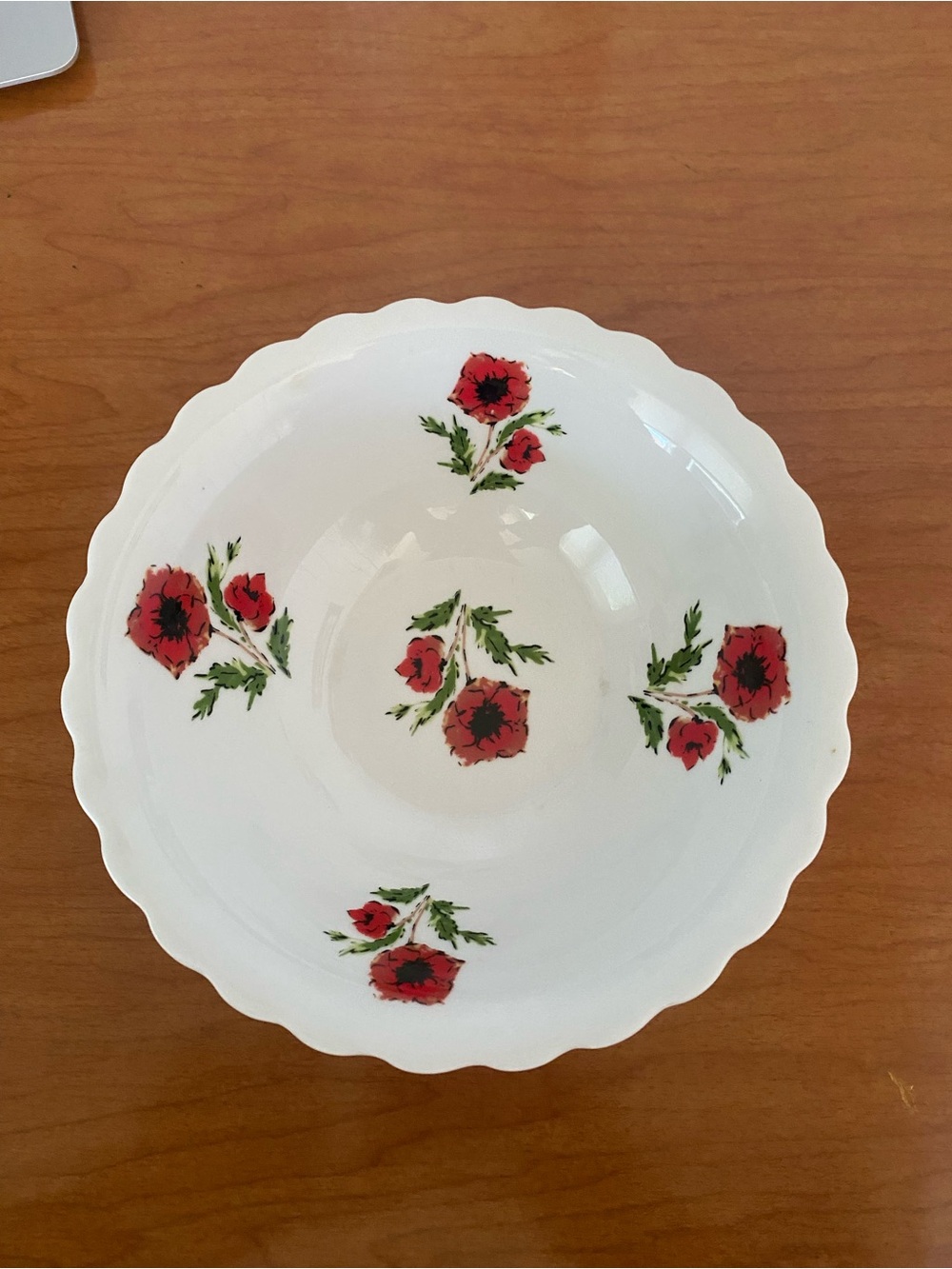 White Ceramic Serving Bowl with Red Floral Pattern